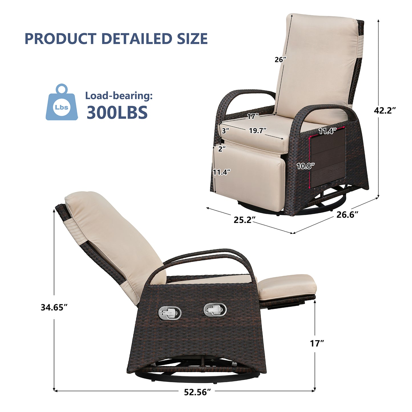 JP Outdoor Outdoor Patio Recliner Swivel Rocker Chair with Thickness Cushion,Adjustable Backrest and Footrest,for Garden,Backyard,Khaki