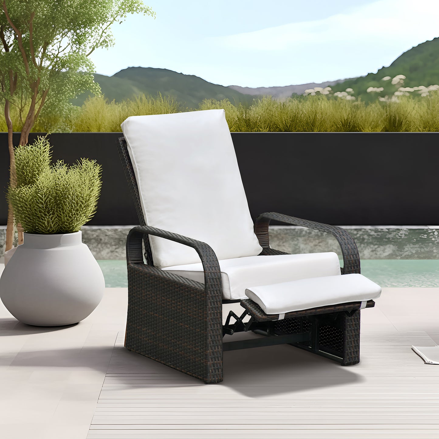 JP Outdoor All-Weather Outdoor Wicker Recliner Chair with Fade Resistant Cushion, Rust-Resistant Aluminum Frame,White