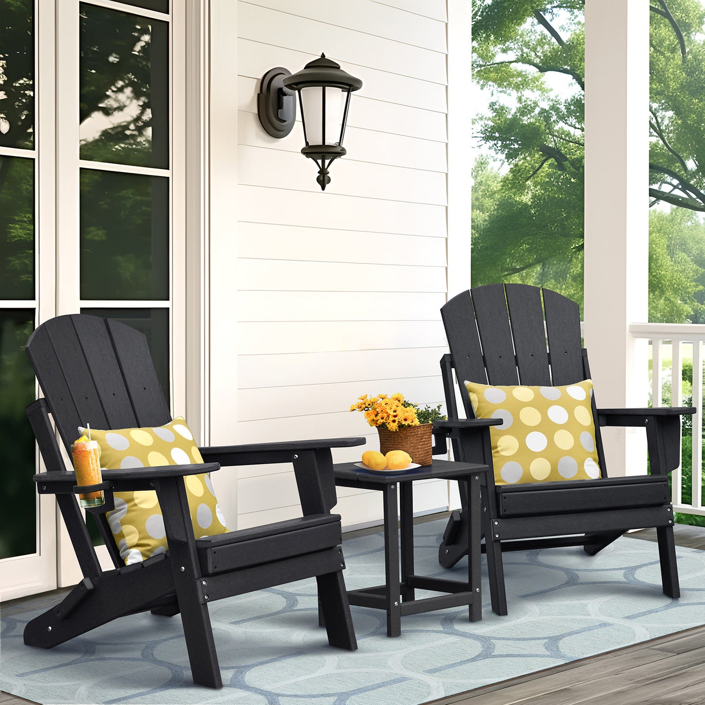 JP OUTDOOR Patio Adirondack Chairs Set of 3, Patio Resin Adirondack Chair with Cup Holder,Black