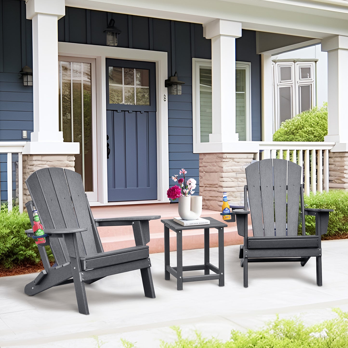 JP OUTDOOR Patio Adirondack Chairs Set of 3, Patio Resin Adirondack Chairs with Side Table, Dark Grey