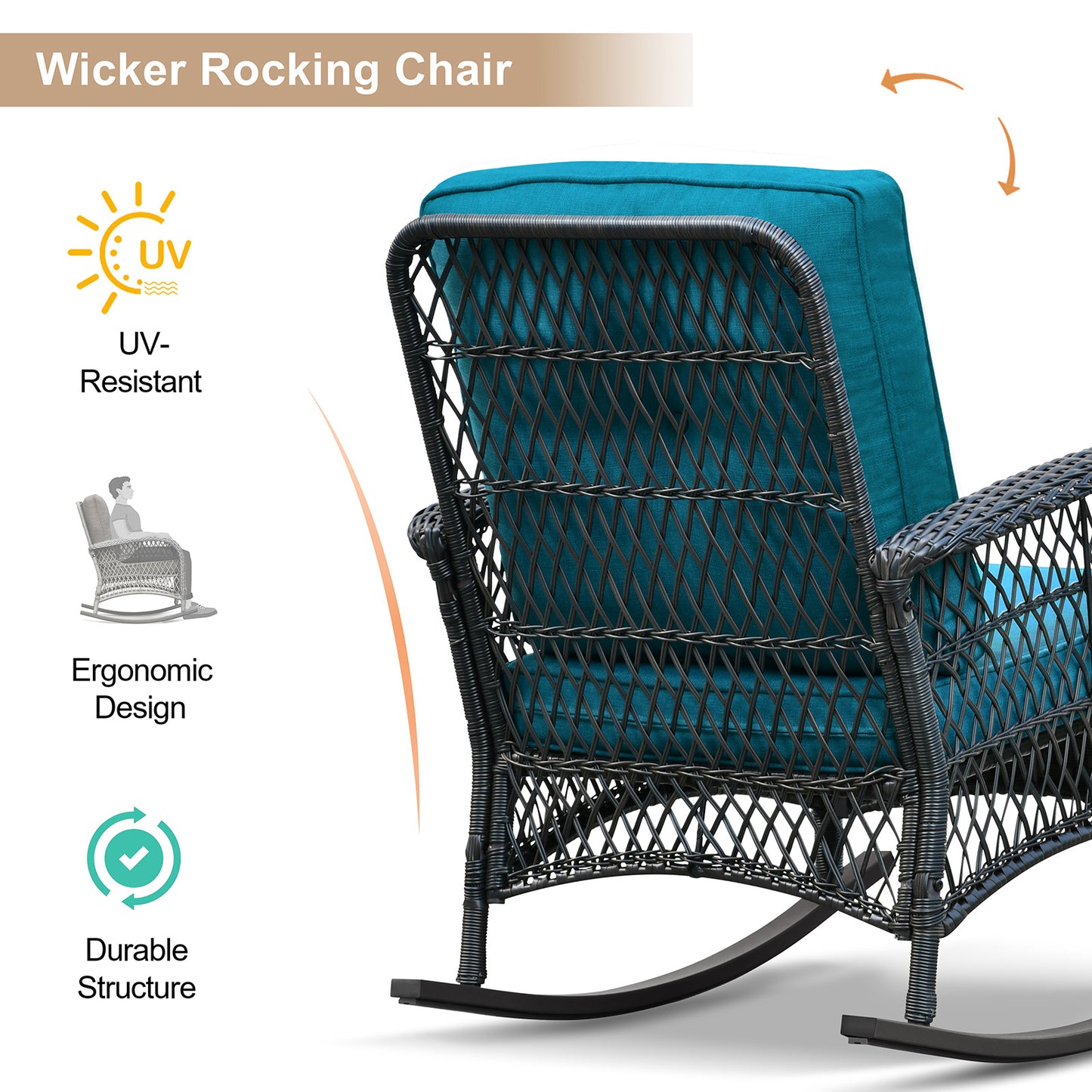 JP Outdoor 3Pcs Indoor or Outdoor Wicker Rocking Porch Chair,Cyan Blue