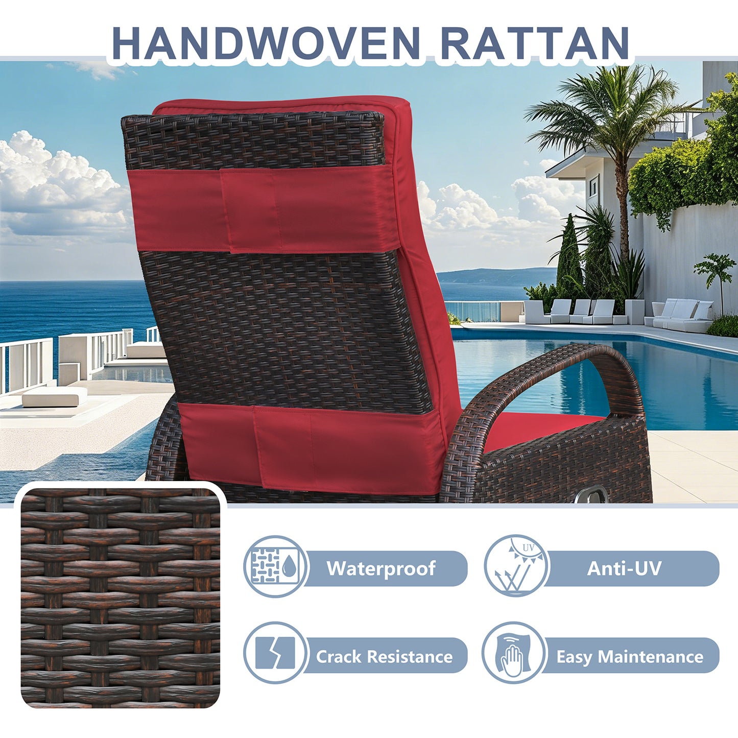 JP Outdoor Outdoor Patio Recliner Swivel Rocker Chair with Thickness Cushion,Adjustable Backrest and Footrest,for Garden,Backyard,Red