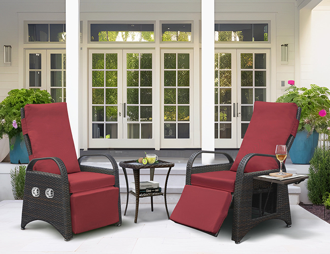 JP Outdoor Rattan Recliner Chair Cushion,PE Wicker Patio Recliner with Flip Table,Red