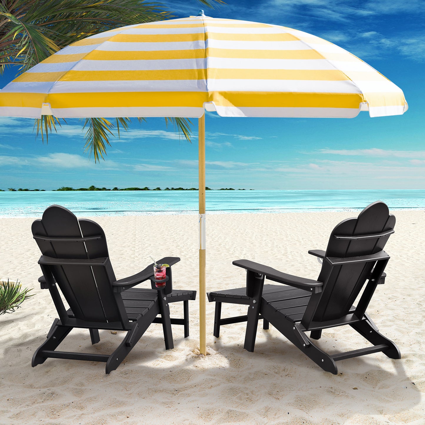 JP OUTDOOR Folding Adjustable Adirondack Chair with Ottoman & Cup Holder,HDEP Multifunctional Adirondack Chair with Footrest,Black
