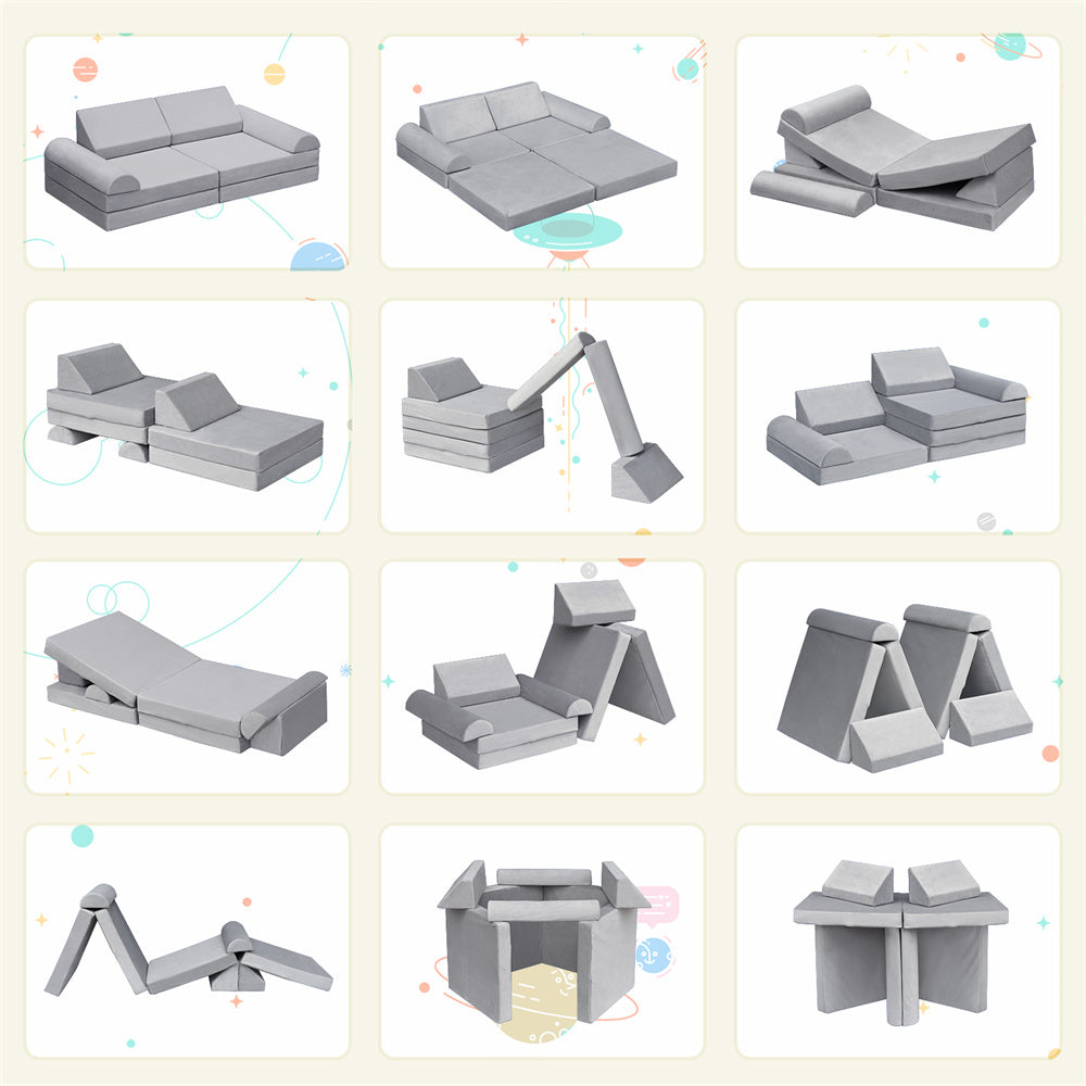 JP Outdoor Modular Kids Play Couch, 8PCS Nugget Couch for Building Fort, Toddler Play Sponge Convertible Couch，Gray