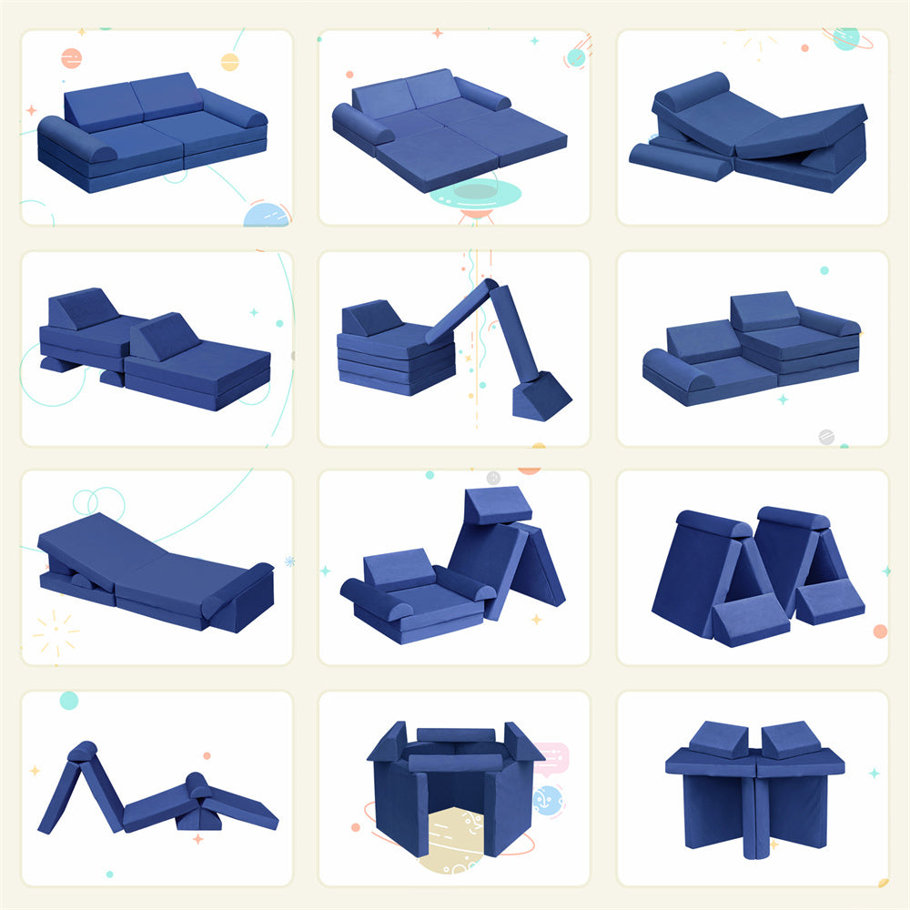 JP Outdoor Modular Kids Play Couch, 8PCS Nugget Couch for Building Fort, Toddler Play Sponge Convertible Couch，Navy Blue