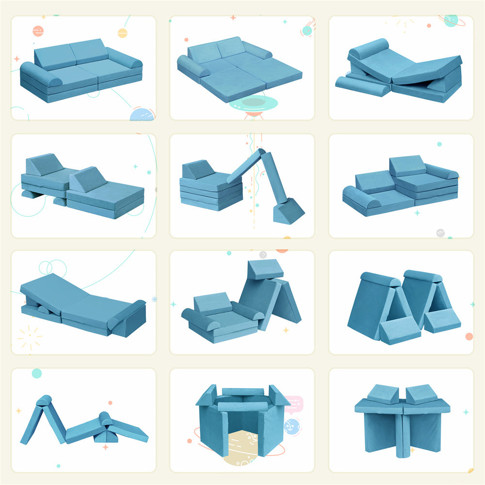 JP Outdoor Modular Kids Play Couch, 8PCS Nugget Couch for Building Fort, Toddler Play Sponge Convertible Couch,Blue