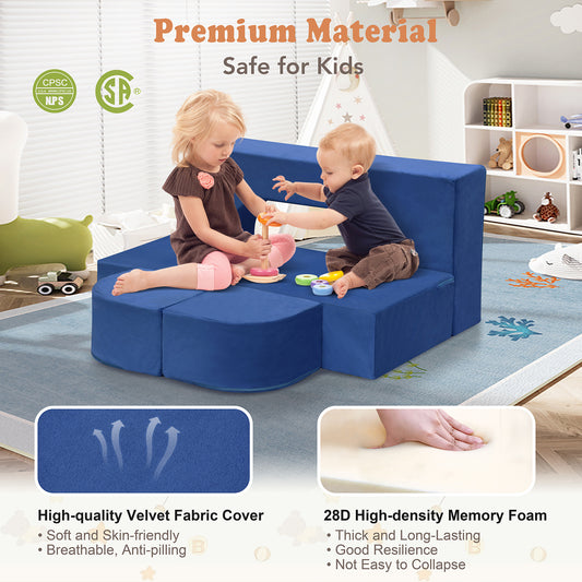 JP Outdoor 4PCS Modular Kids Play Couch Filled with 100% 28D Sponge,Toddler Nugget Convertible Couch，Navy Blue