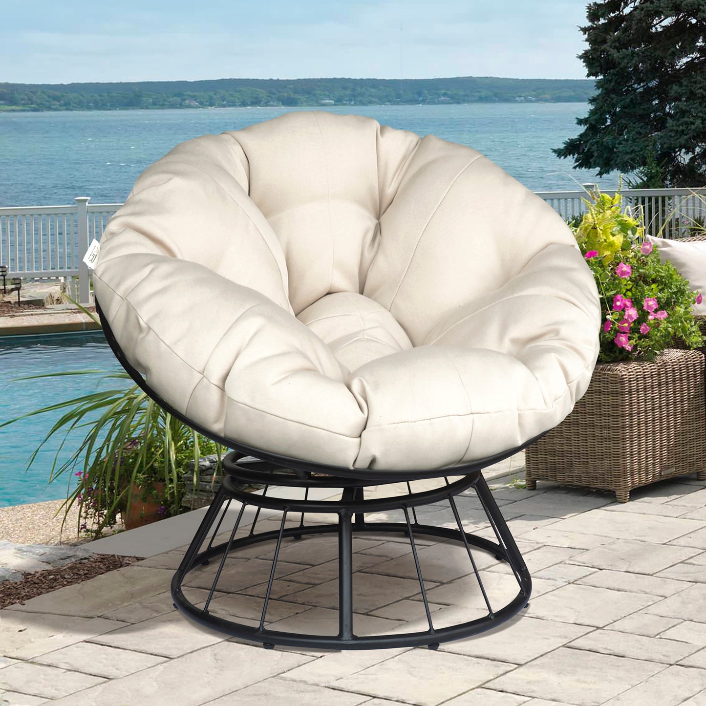 JP OUTDOOR Outdoor Patio Papasan Chair, Papasan Rotating Chair with Cushion,for Garden Backyard, Beige