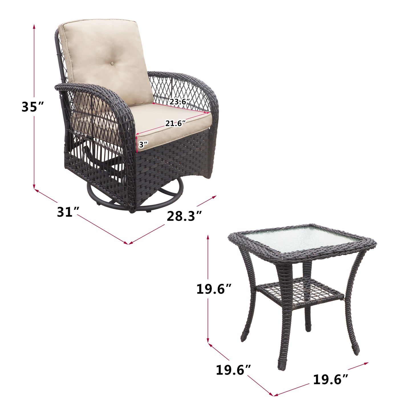 JP Outdoor Indoor or Outdoor Swivel Patio Rocker Chairs with Side Table,Kahki
