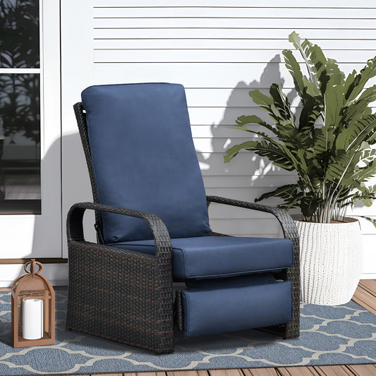JP Outdoor Outdoor Wicker Recliner Chair, Patio Rattan Reclining Chair with Aluminum Frame, Navy Blue