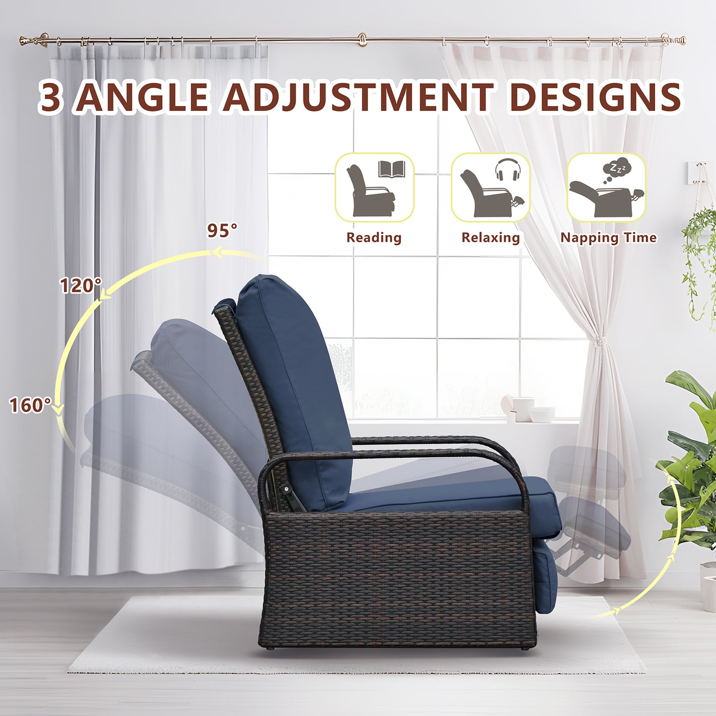 JP Outdoor Outdoor Wicker Recliner Chair, Patio Rattan Reclining Chair with Aluminum Frame, Navy Blue