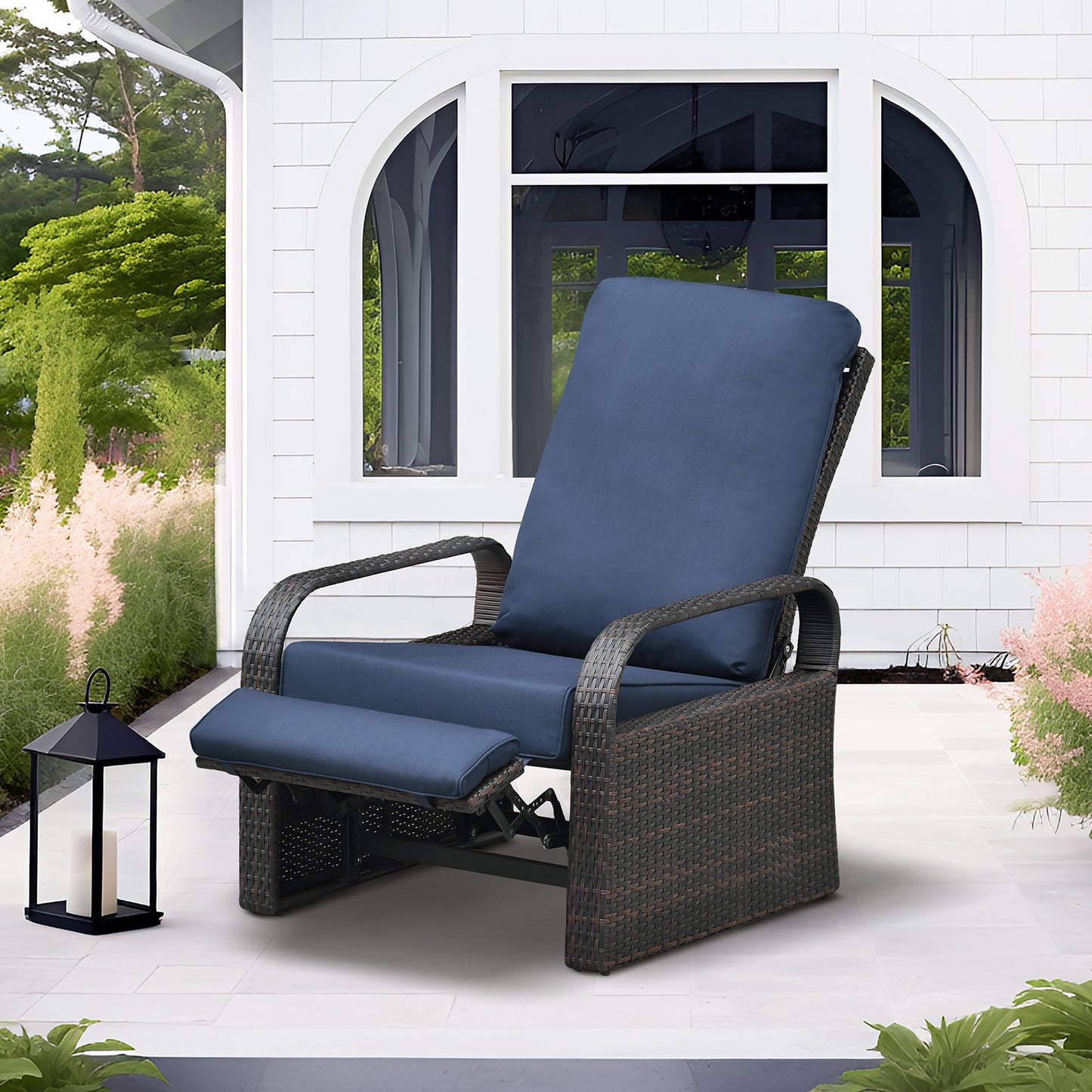 JP Outdoor Outdoor Wicker Recliner Chair, Patio Rattan Reclining Chair with Aluminum Frame, Navy Blue