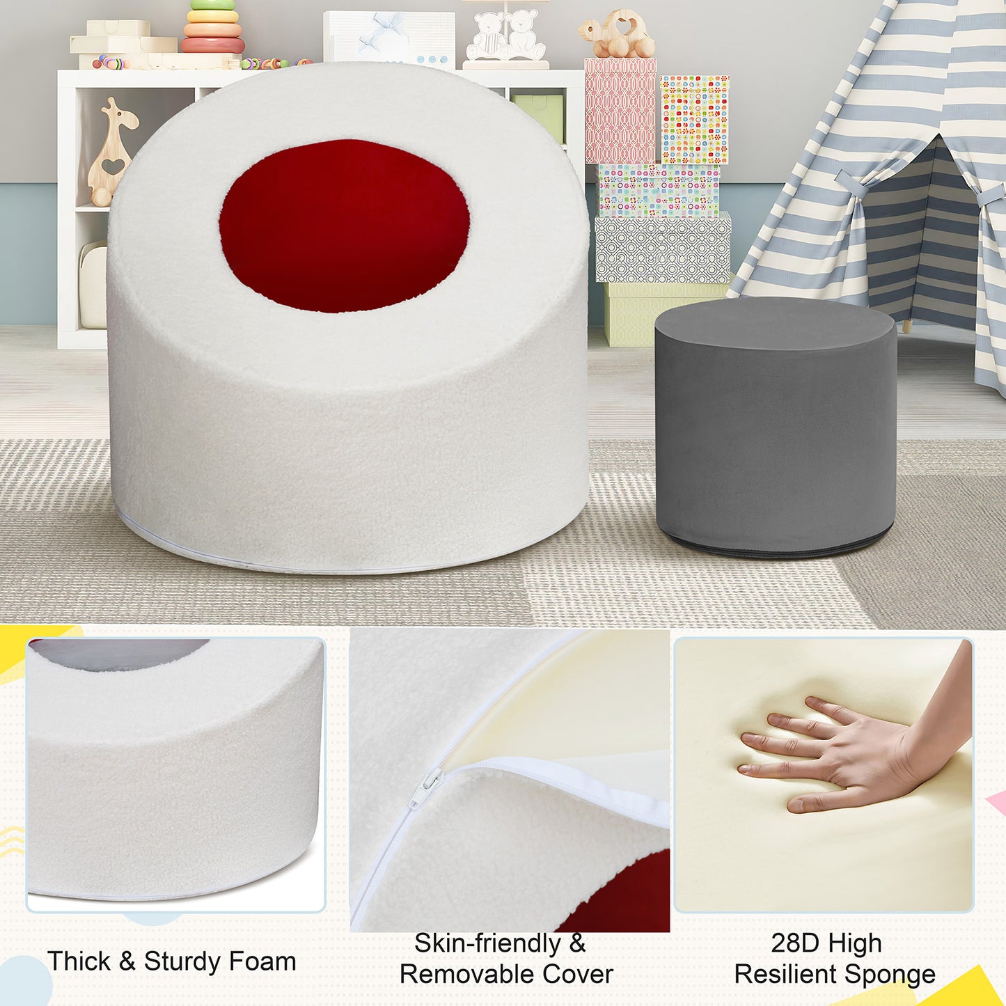 JP OUTDOOR Kid's Round Sponge Chair,Soft 28D Sponge Core,Skin-Friendly Dutch Velvet Fabric,White