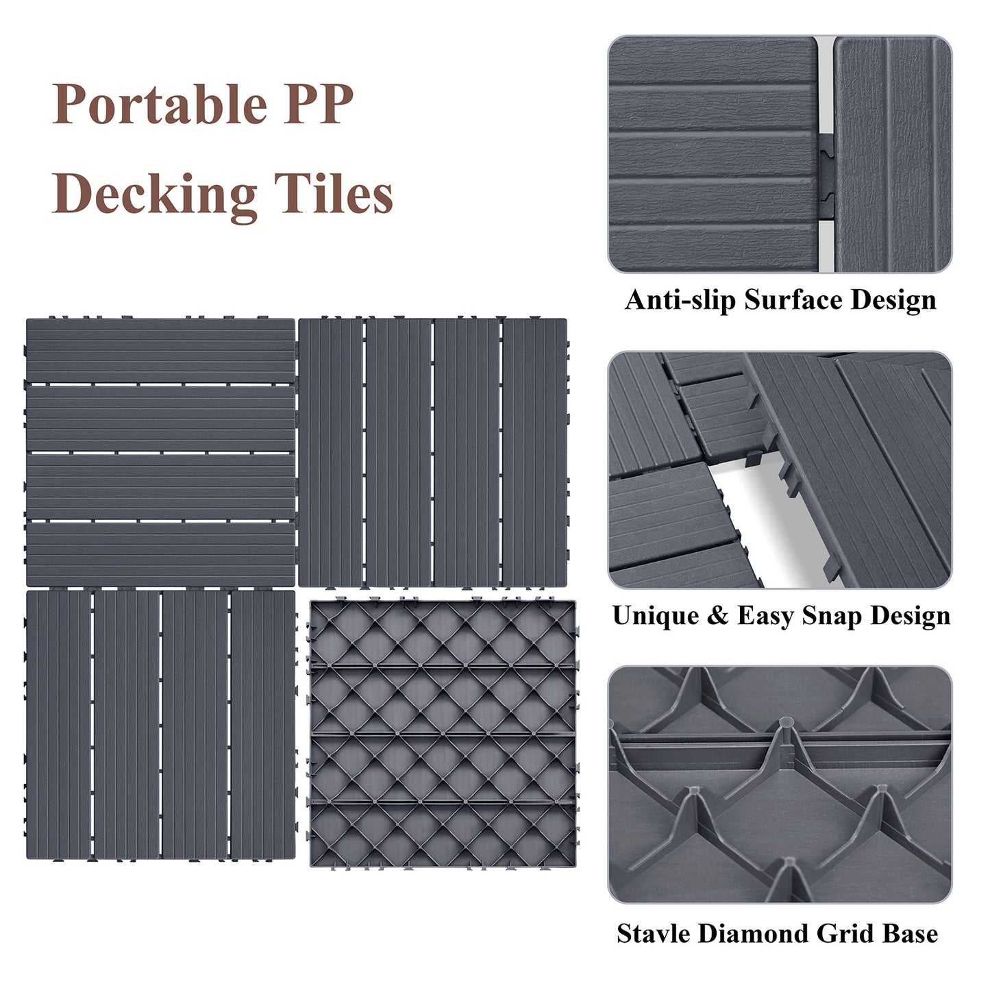 JP Outdoor Interlocking Deck Tiles, Outdoor Square Flooring Tiles,27 Pack,Grey