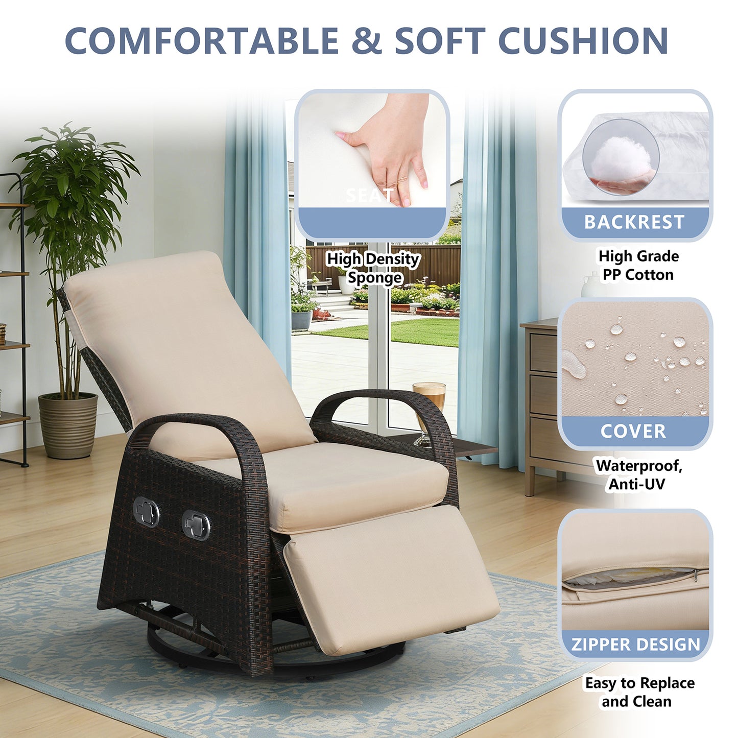 JP Outdoor Outdoor Patio Recliner Swivel Rocker Chair with Thickness Cushion,Adjustable Backrest and Footrest,for Garden,Backyard,Khaki