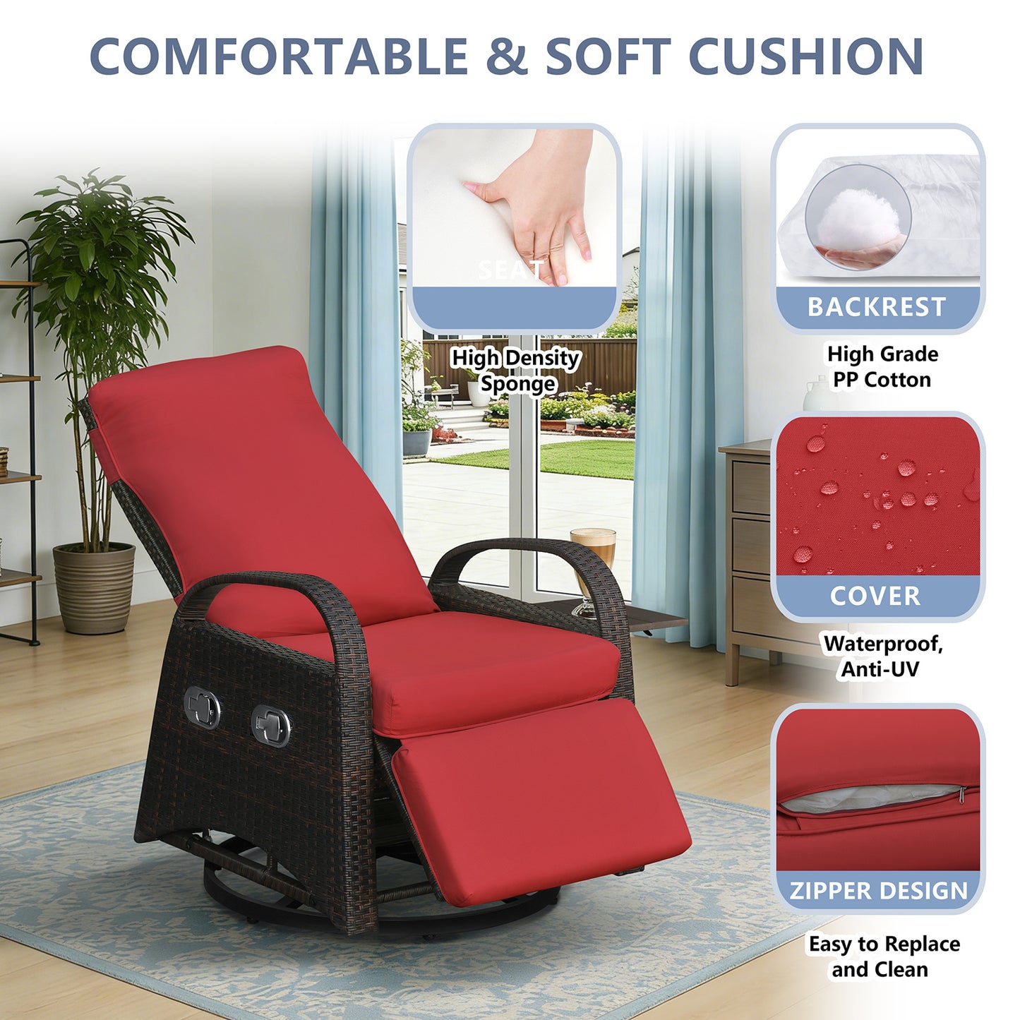 JP Outdoor Outdoor Patio Recliner Swivel Rocker Chair with Thickness Cushion,Adjustable Backrest and Footrest,for Garden,Backyard,Red