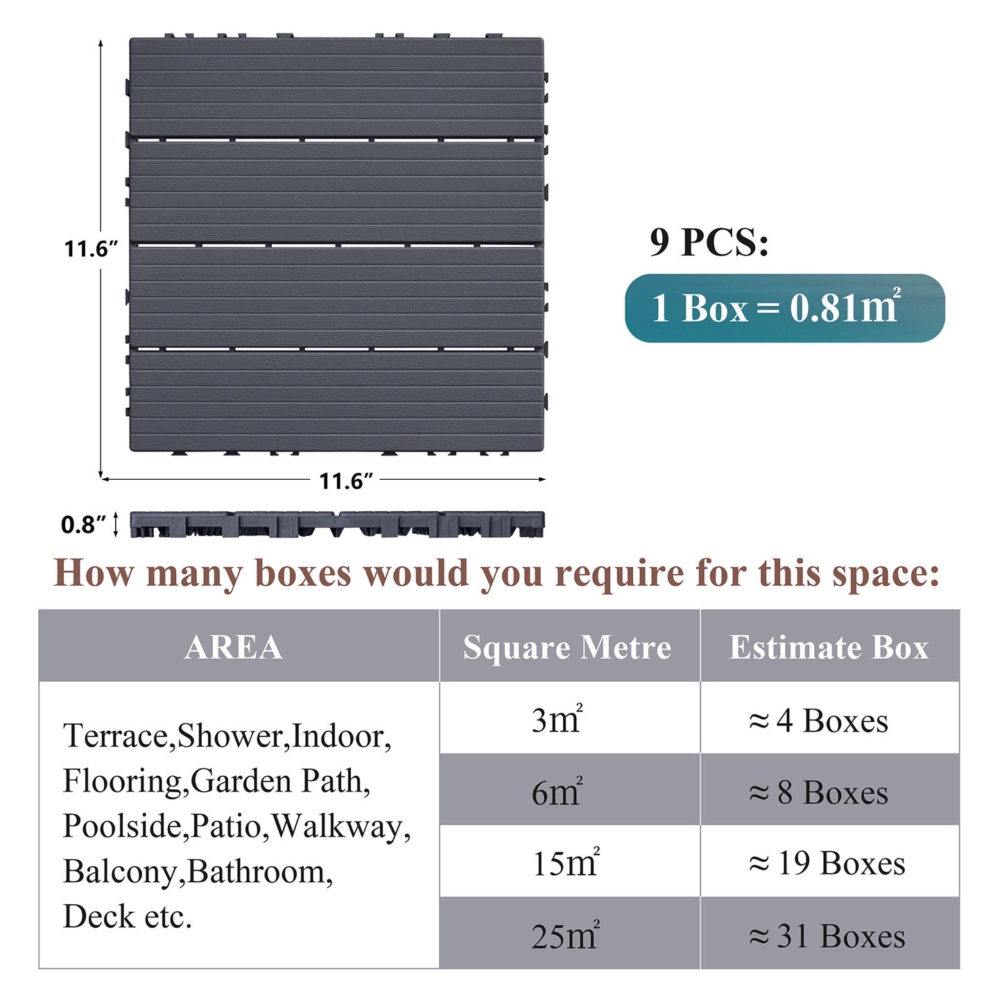 JP Outdoor Interlocking Deck Tiles, Outdoor Square Flooring Tiles,9 Pack,Grey