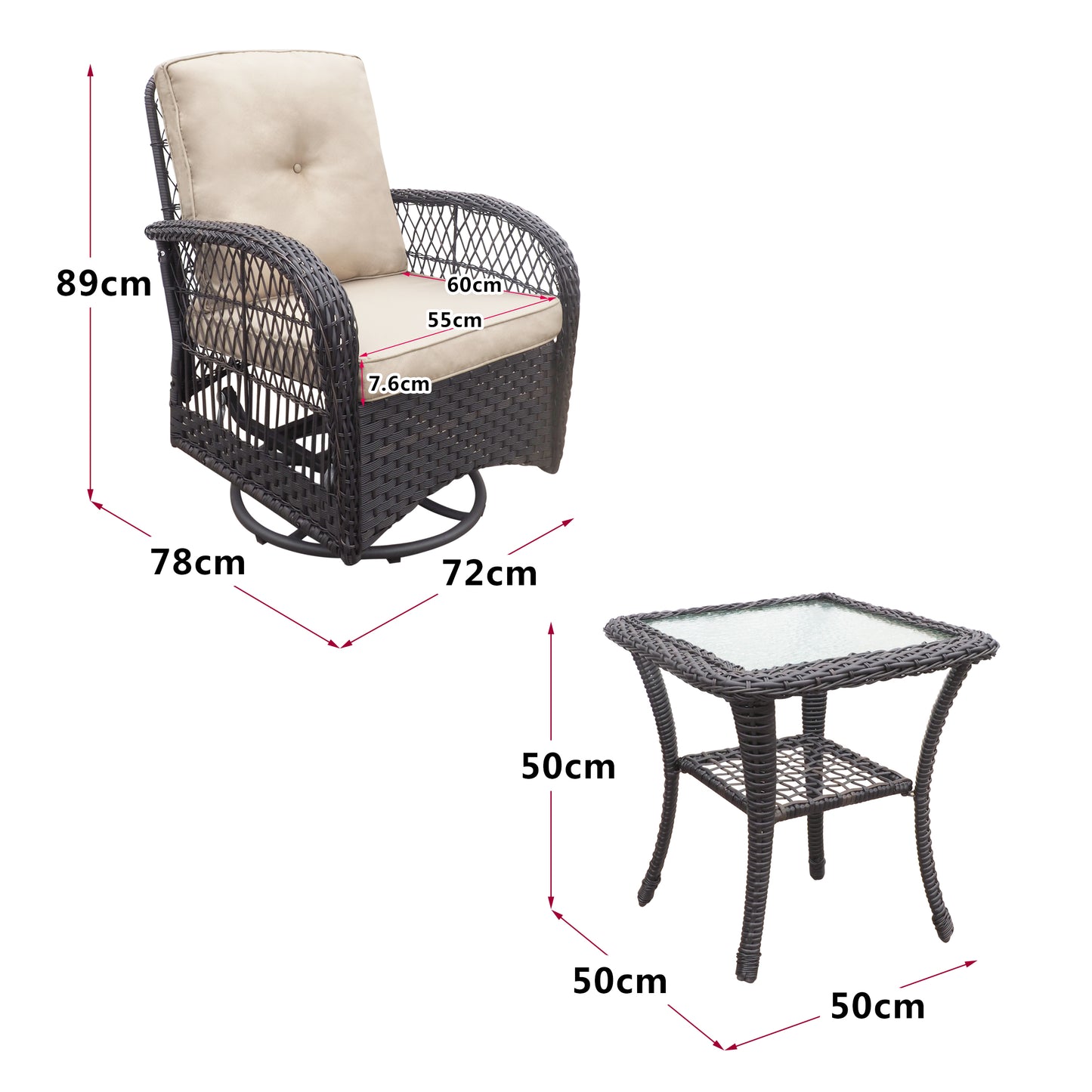 JP Outdoor Indoor or Outdoor Swivel Patio Rocker Chairs with Side Table,Kahki