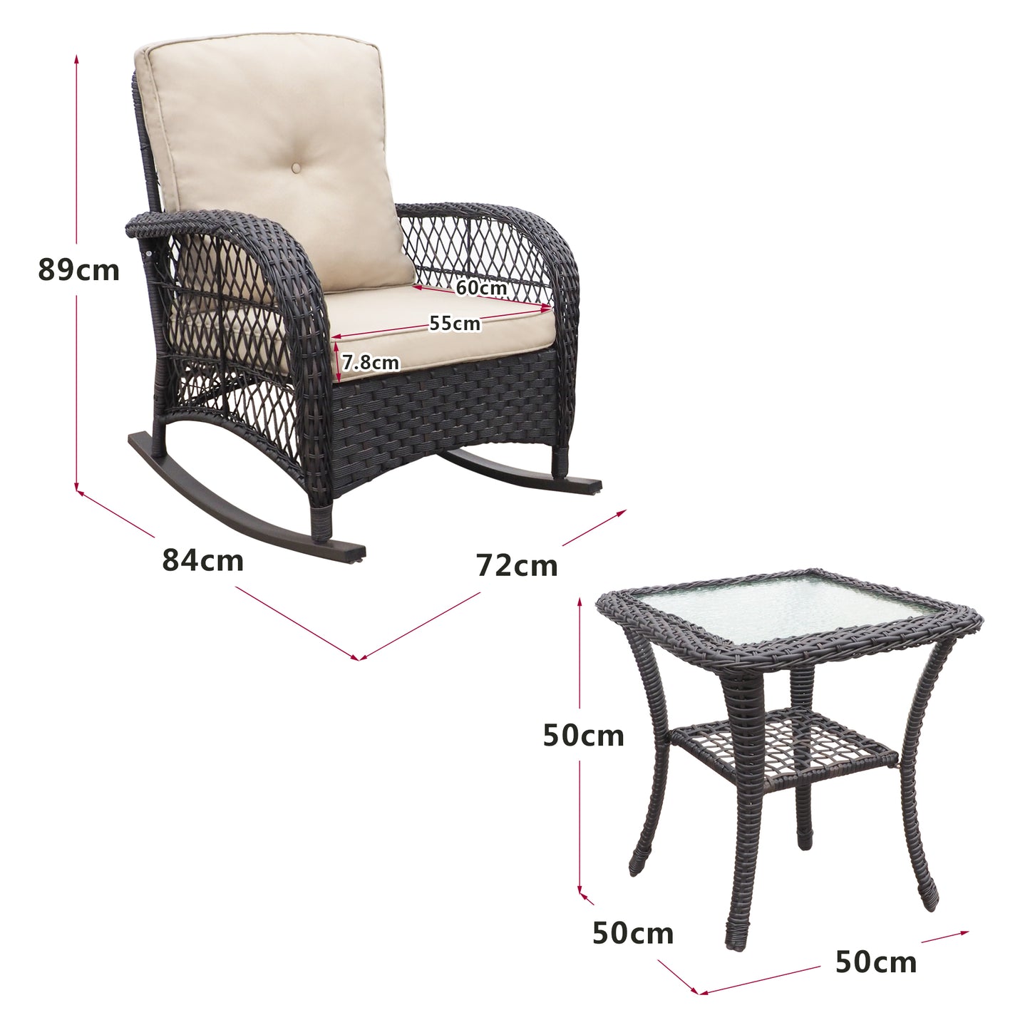 JP Outdoor 3Pcs Indoor or Outdoor Wicker Rocking Porch Chairs with Coffee Table,Kahki