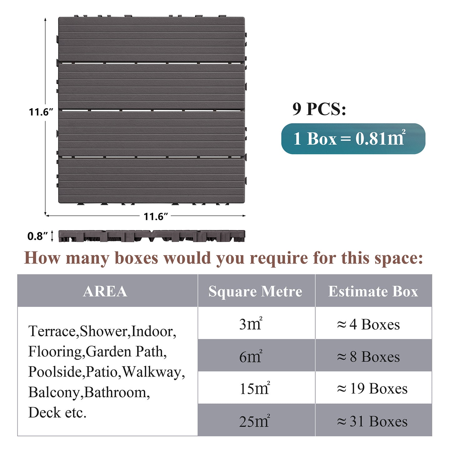 JP Outdoor Interlocking Deck Tiles, Outdoor Square Flooring Tiles,9 Pack,Coffee