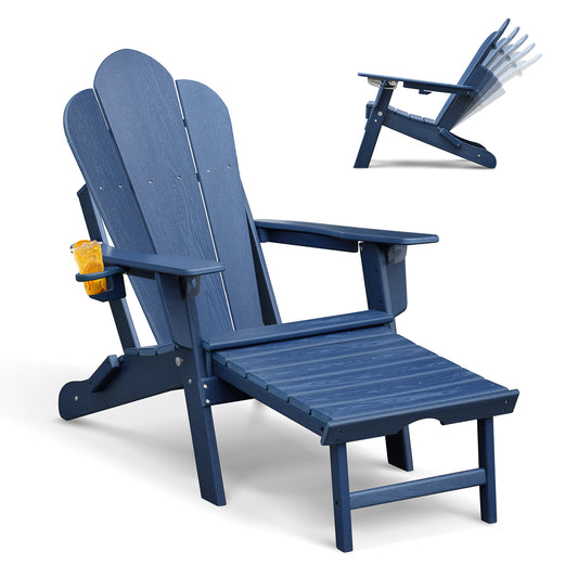 JP OUTDOOR Folding Adjustable Adirondack Chair with Ottoman & Cup Holder,HDEP Multifunctional Adirondack Chair with Footrest, Blue