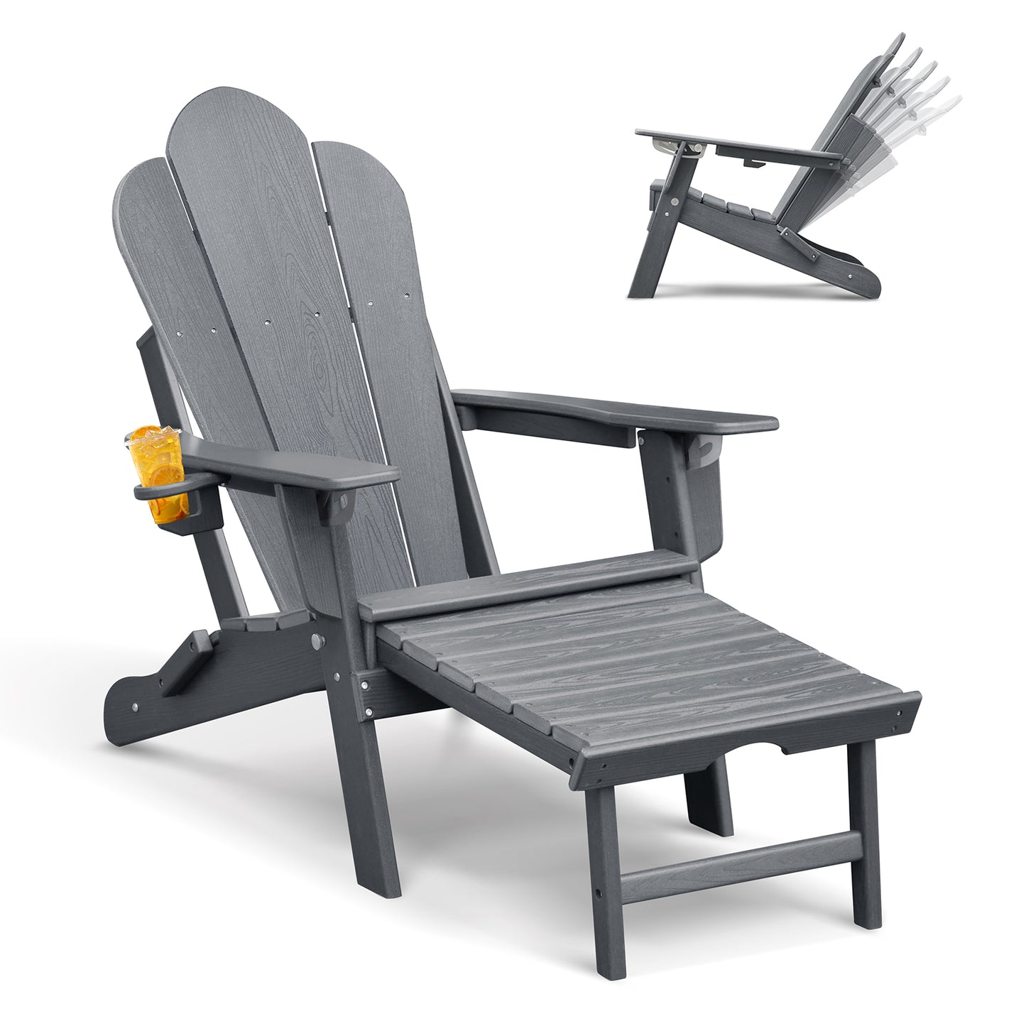 JP OUTDOOR Folding Adjustable Adirondack Chair with Ottoman & Cup Holder,HDEP Multifunctional Adirondack Chair with Footrest,Gray