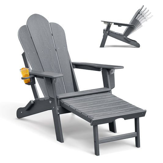 JP OUTDOOR Folding Adjustable Adirondack Chair with Ottoman & Cup Holder,HDEP Multifunctional Adirondack Chair with Footrest,Gray