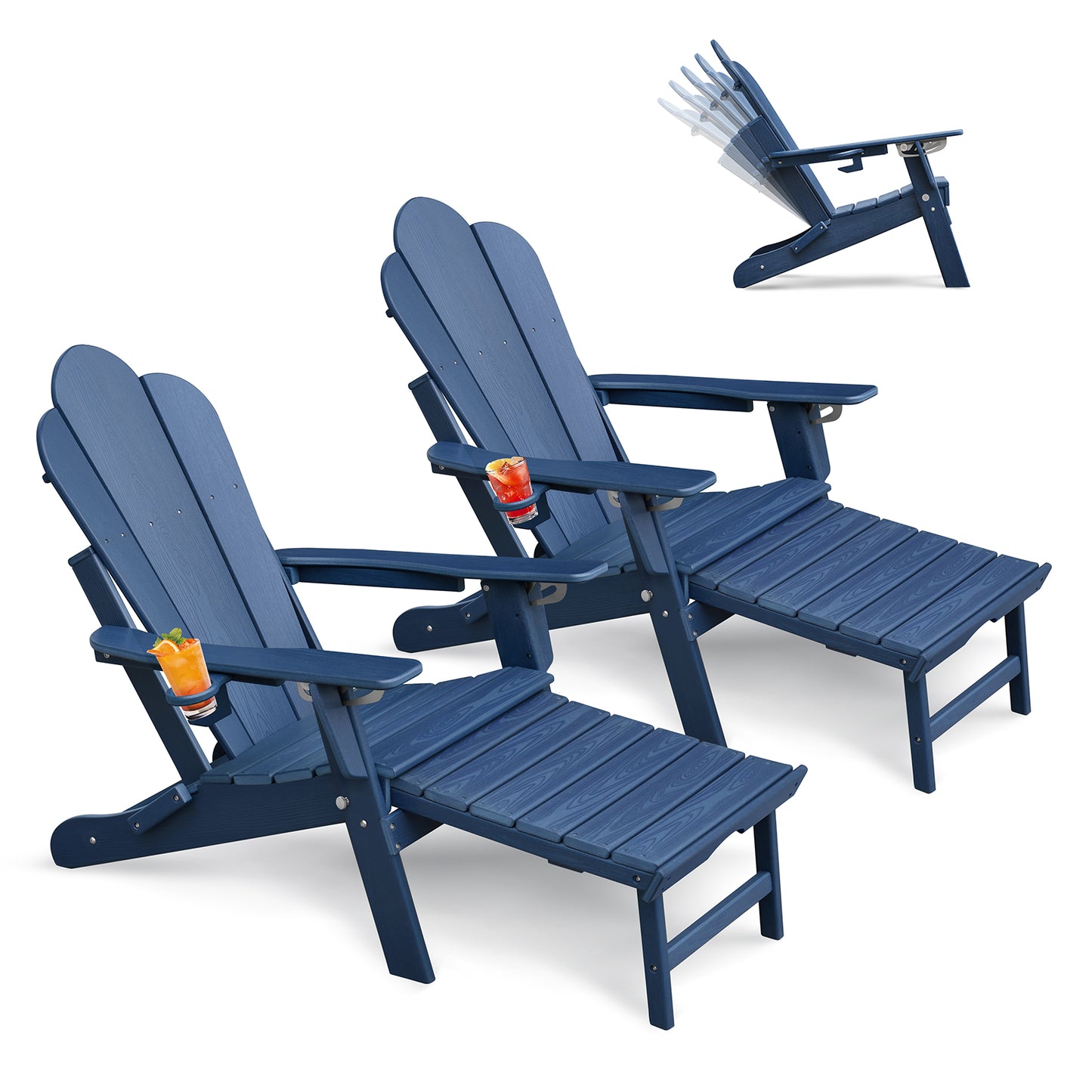 JP OUTDOOR Folding Adjustable Adirondack Chair with Ottoman & Cup Holder,HDEP Multifunctional Adirondack Chair with Footrest, Blue