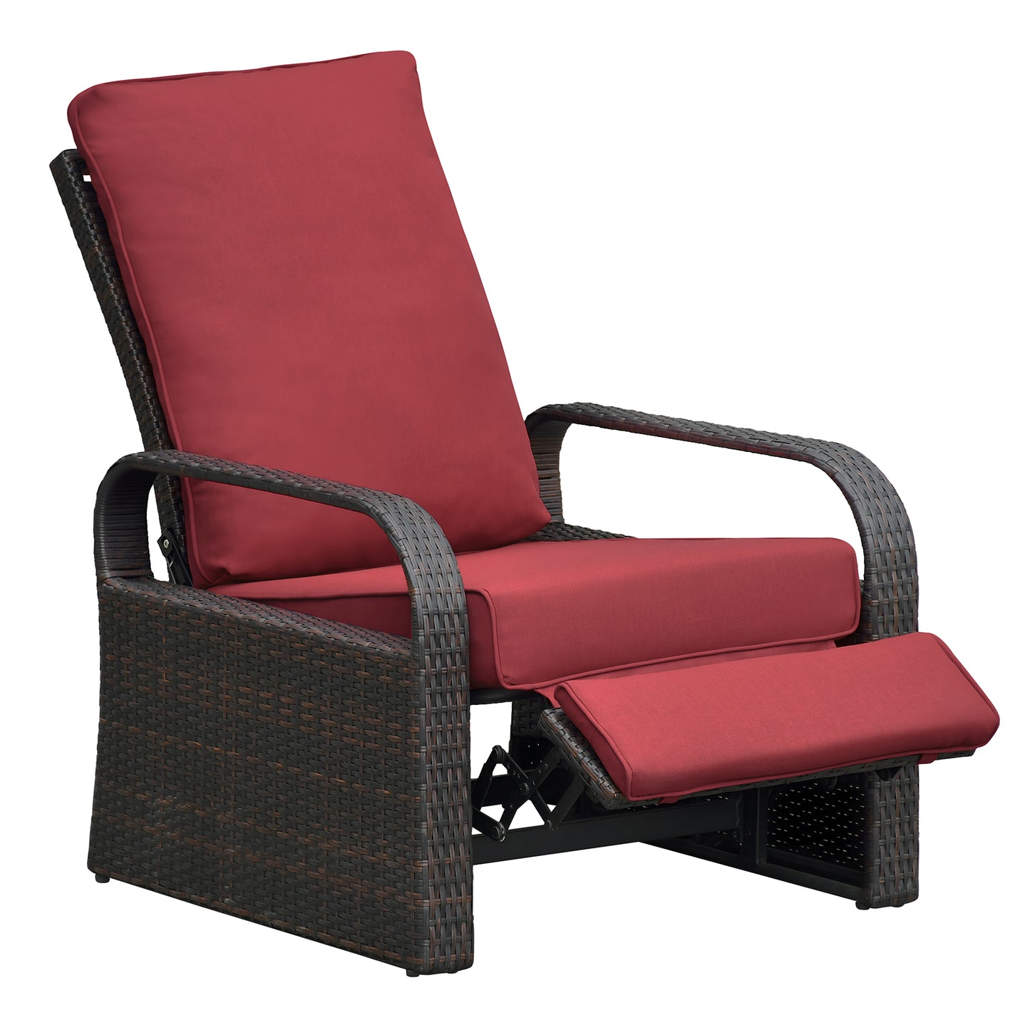 JP Outdoor Adjustable Reclining Outdoor Furniture, Patio Wicker Recliner Chair with Fade Resistant Cushion, Red