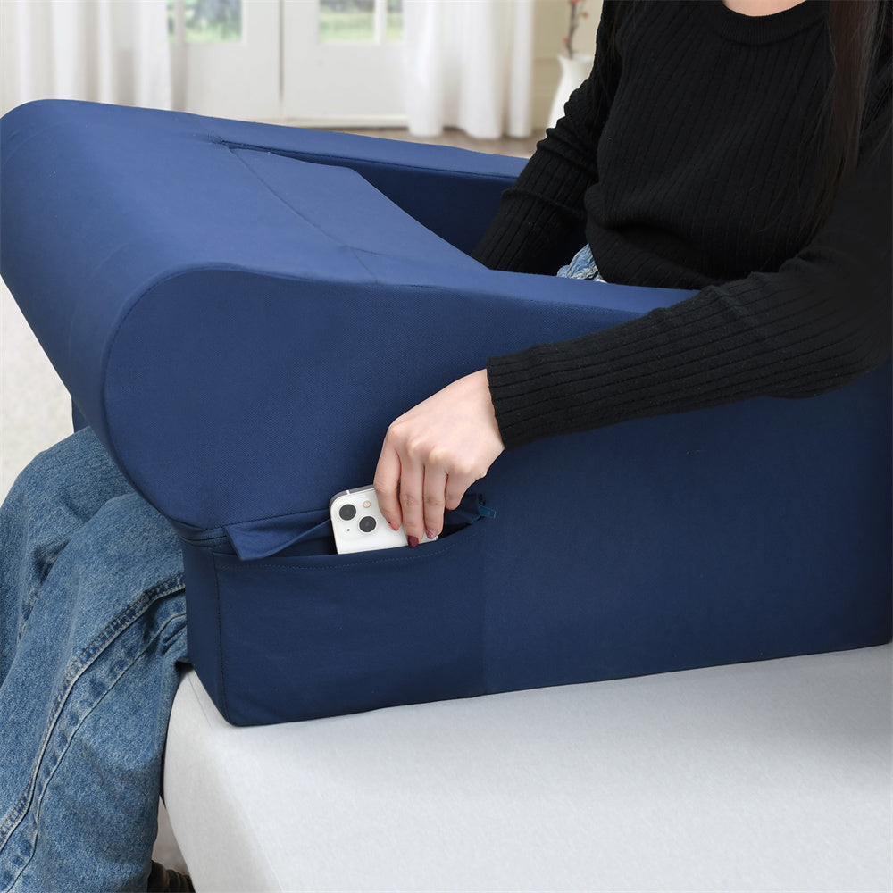JP Outdoor Reading Pillow for Gaming Lap Desk with Side Pocket,Arm Rest Pillows for Sitting up in Bed, Navy Blue