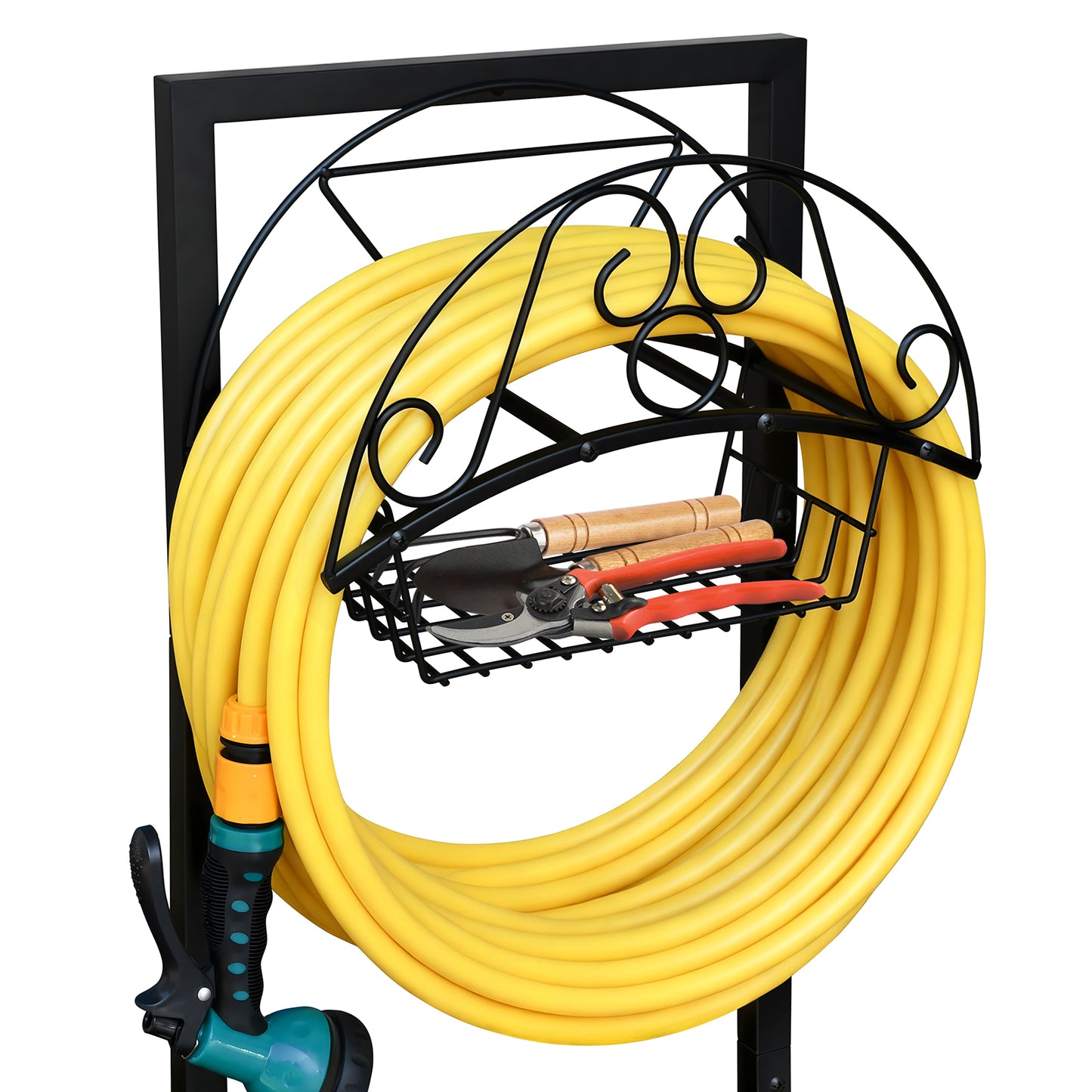JP Outdoor Detachable Garden Hose Holder with Basket,Freestanding Water Hose Holder for Outdoor Yard Lawn