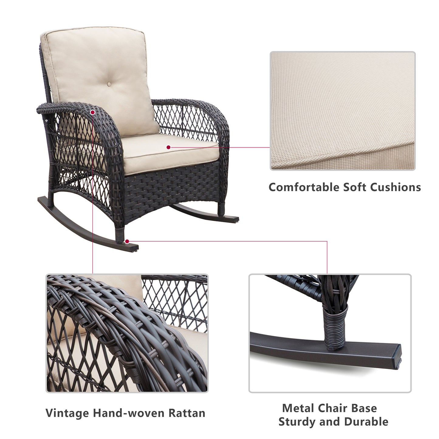 JP Outdoor 3Pcs Indoor or Outdoor Wicker Rocking Porch Chairs with Coffee Table,Kahki