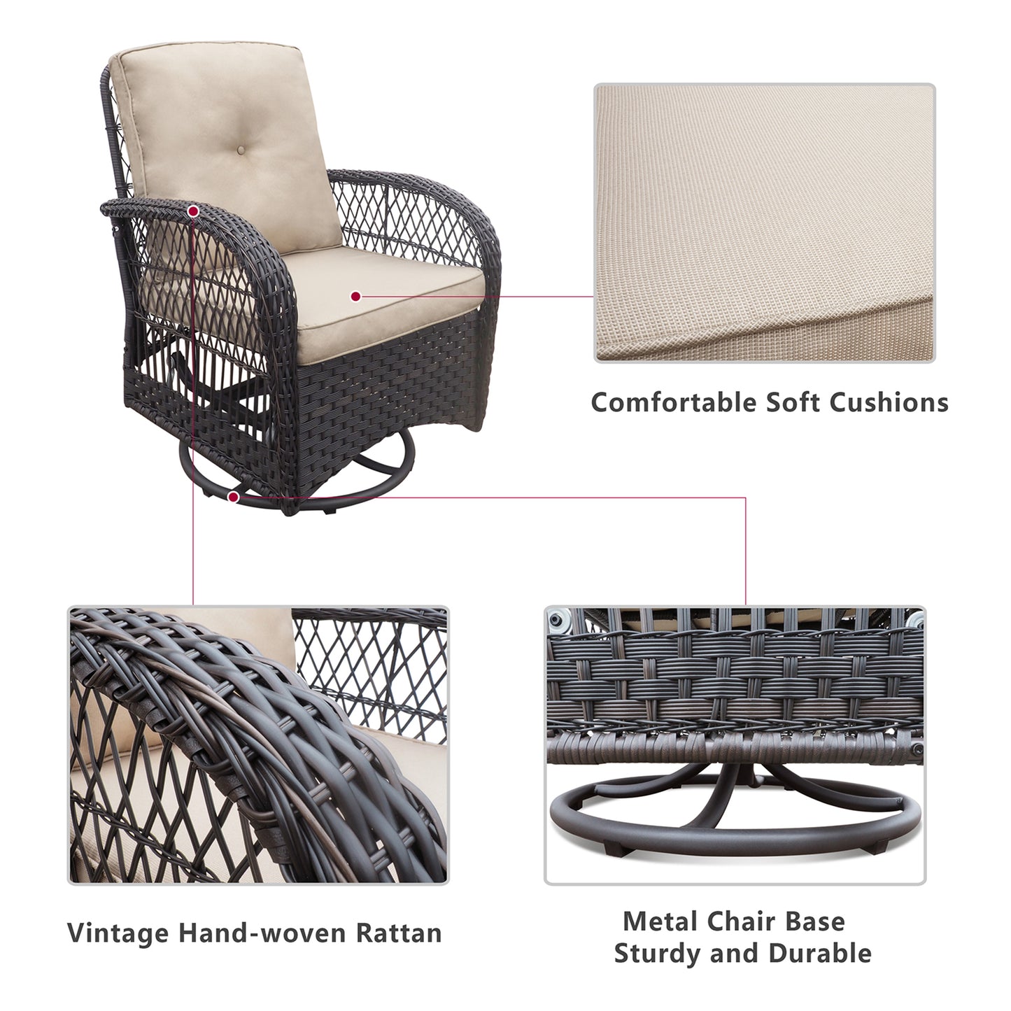 JP Outdoor Indoor or Outdoor Swivel Patio Rocker Chairs with Side Table,Kahki