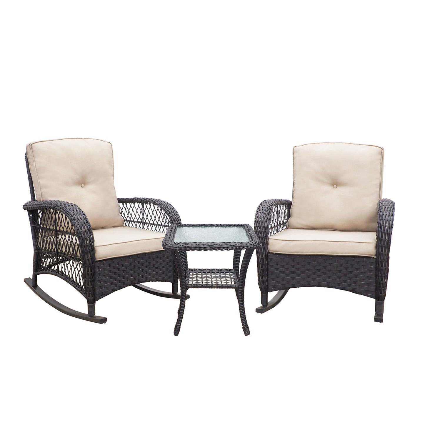 JP Outdoor 3Pcs Indoor or Outdoor Wicker Rocking Porch Chairs with Coffee Table,Kahki