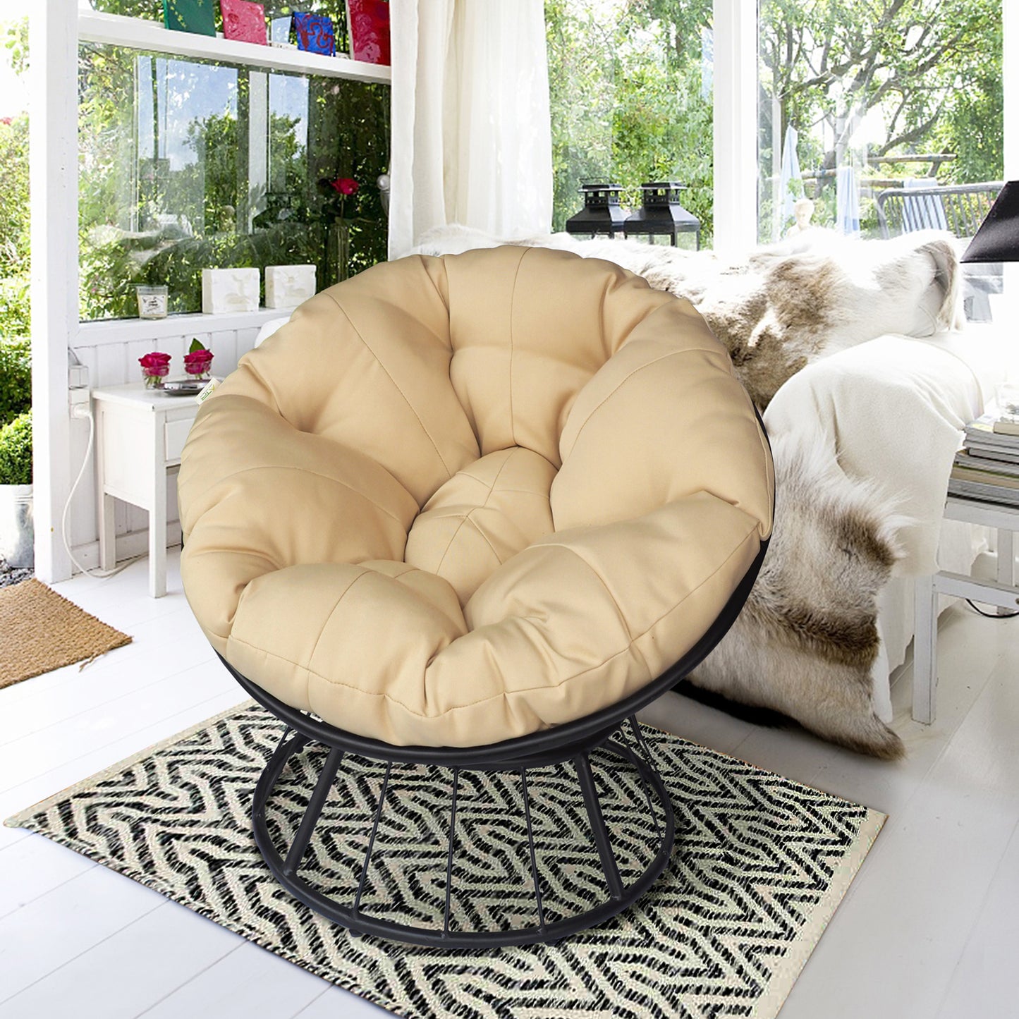 JP OUTDOOR Outdoor Patio Papasan Swivel Chair, Papasan Rotating Steel Chair with Soft Cushion, Khaki