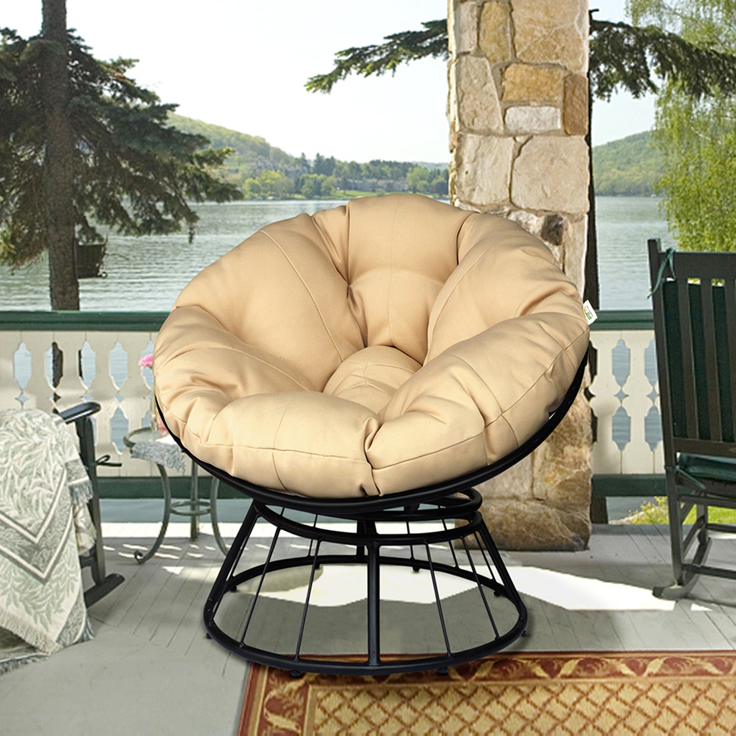 JP OUTDOOR Outdoor Patio Papasan Swivel Chair, Papasan Rotating Steel Chair with Soft Cushion, Khaki