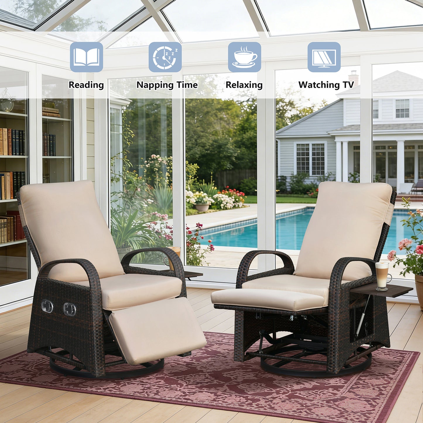 JP Outdoor Outdoor Patio Recliner Swivel Rocker Chair with Thickness Cushion,Adjustable Backrest and Footrest,for Garden,Backyard,Khaki
