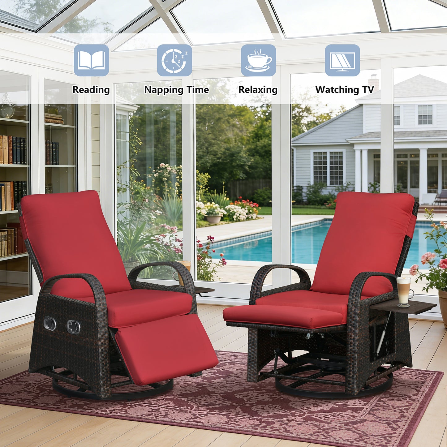 JP Outdoor Outdoor Patio Recliner Swivel Rocker Chair with Thickness Cushion,Adjustable Backrest and Footrest,for Garden,Backyard,Red