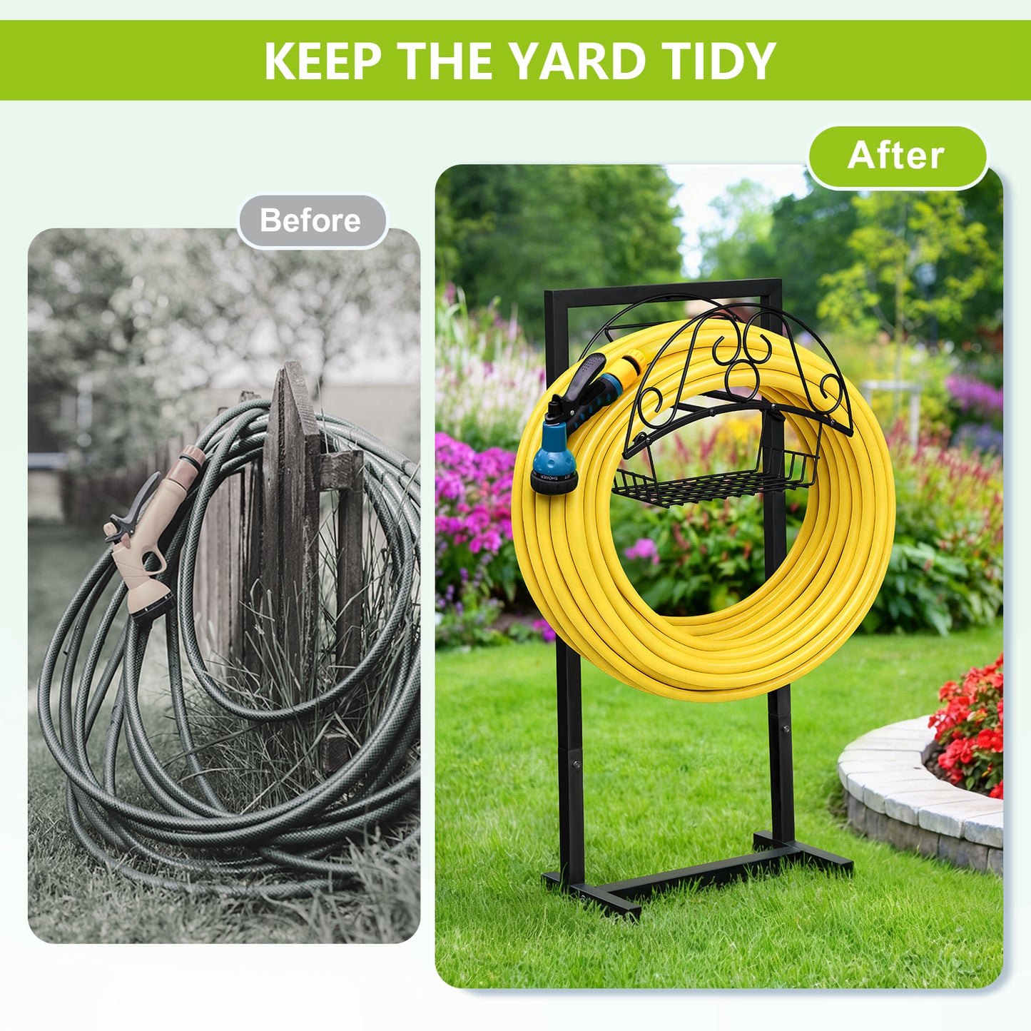 JP Outdoor Detachable Garden Hose Holder with Basket,Freestanding Water Hose Holder for Outdoor Yard Lawn