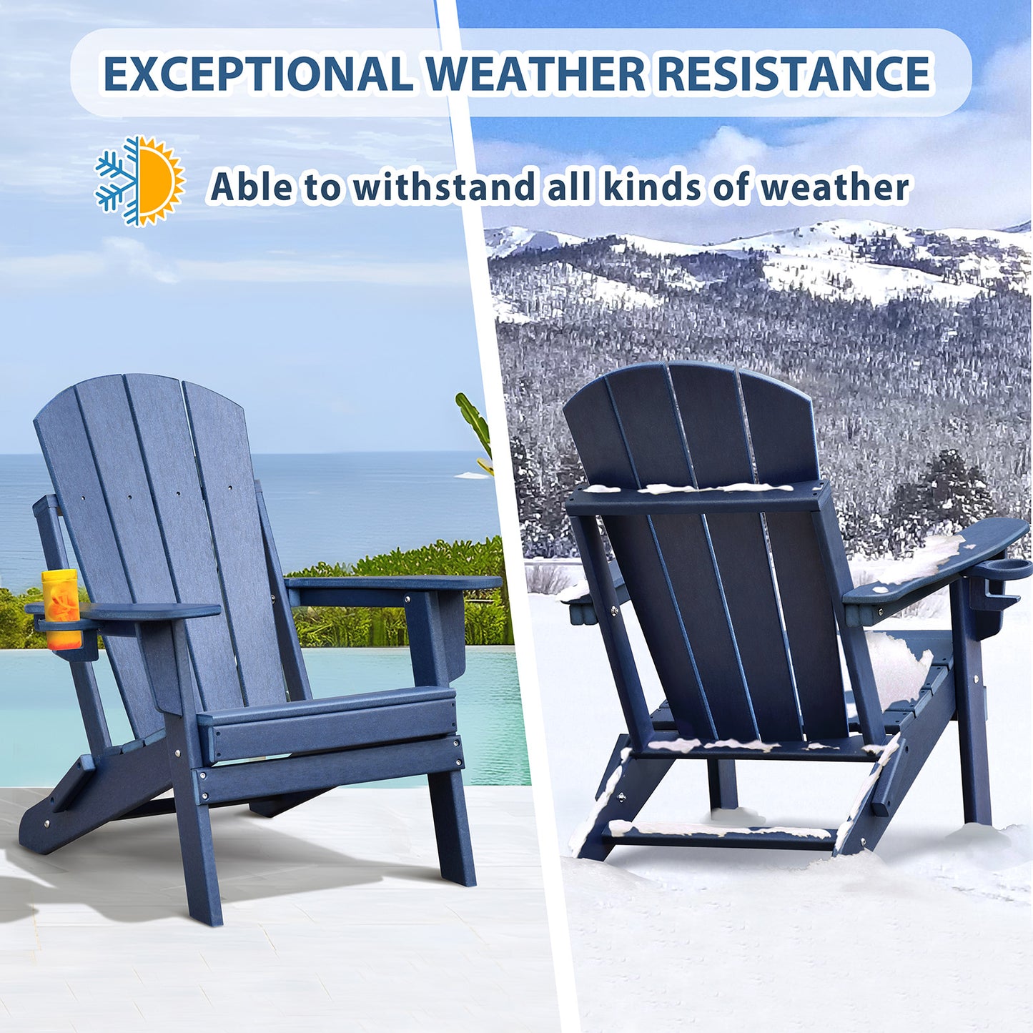 JP OUTDOOR Outdoor Folding HDPE Adirondack Chair, Patio Resin Adirondack Chair with Cup Holder, Blue