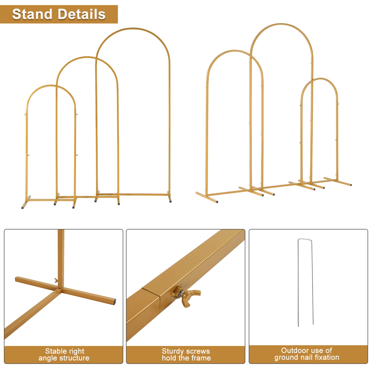 JP OUTDOOR 3Pcs Metal Arch Backdrop Stand, Wedding Arch Stand (5.9FT/4.9FT/3.9FT) ,for Birthday Party Ceremony Outdoor Indoor Celebration Decoration