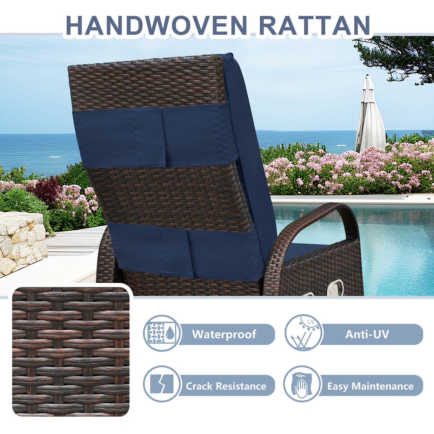 JP Outdoor Rattan Recliner Chair with Cushion,PE Wicker Patio Recliner with Flip Table,Navy Blue