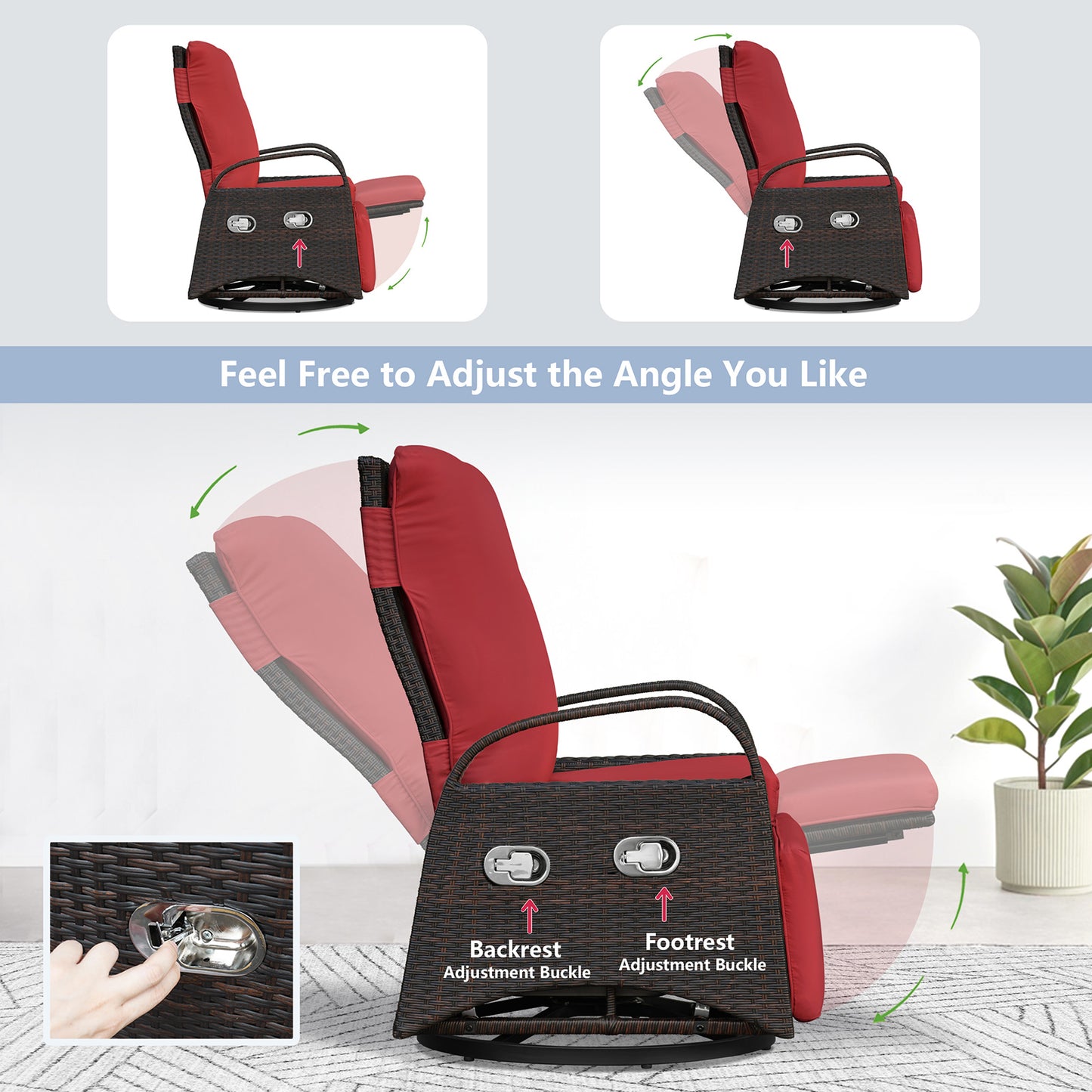 JP Outdoor Outdoor Patio Recliner Swivel Rocker Chair with Thickness Cushion,Adjustable Backrest and Footrest,for Garden,Backyard,Red