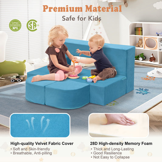JP Outdoor 4PCS Modular Kids Play Couch Filled with 100% 28D Sponge,Toddler Nugget Convertible Couch，Blue