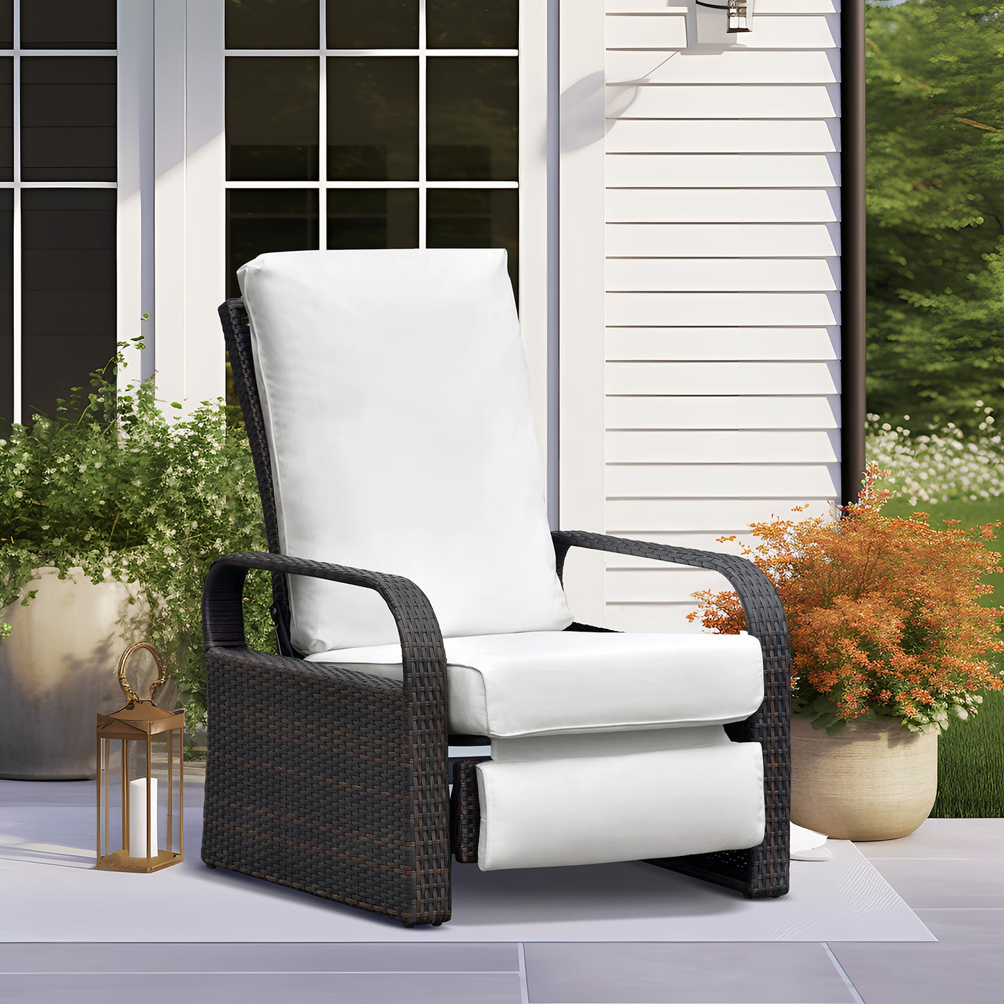 JP Outdoor All-Weather Outdoor Wicker Recliner Chair with Fade Resistant Cushion, Rust-Resistant Aluminum Frame,White