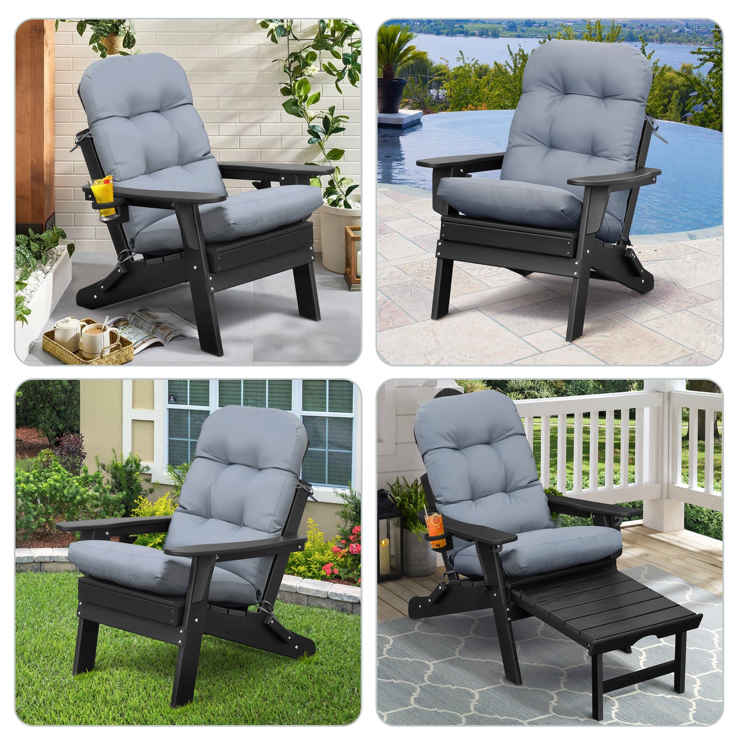 JP Outdoor Adirondack Chair Cushions,Indoor Rocking Chair Cushions 46.5x19.7x4 inch, High Back Patio Seat Cushions of Upper and Lower with Ties, Grey