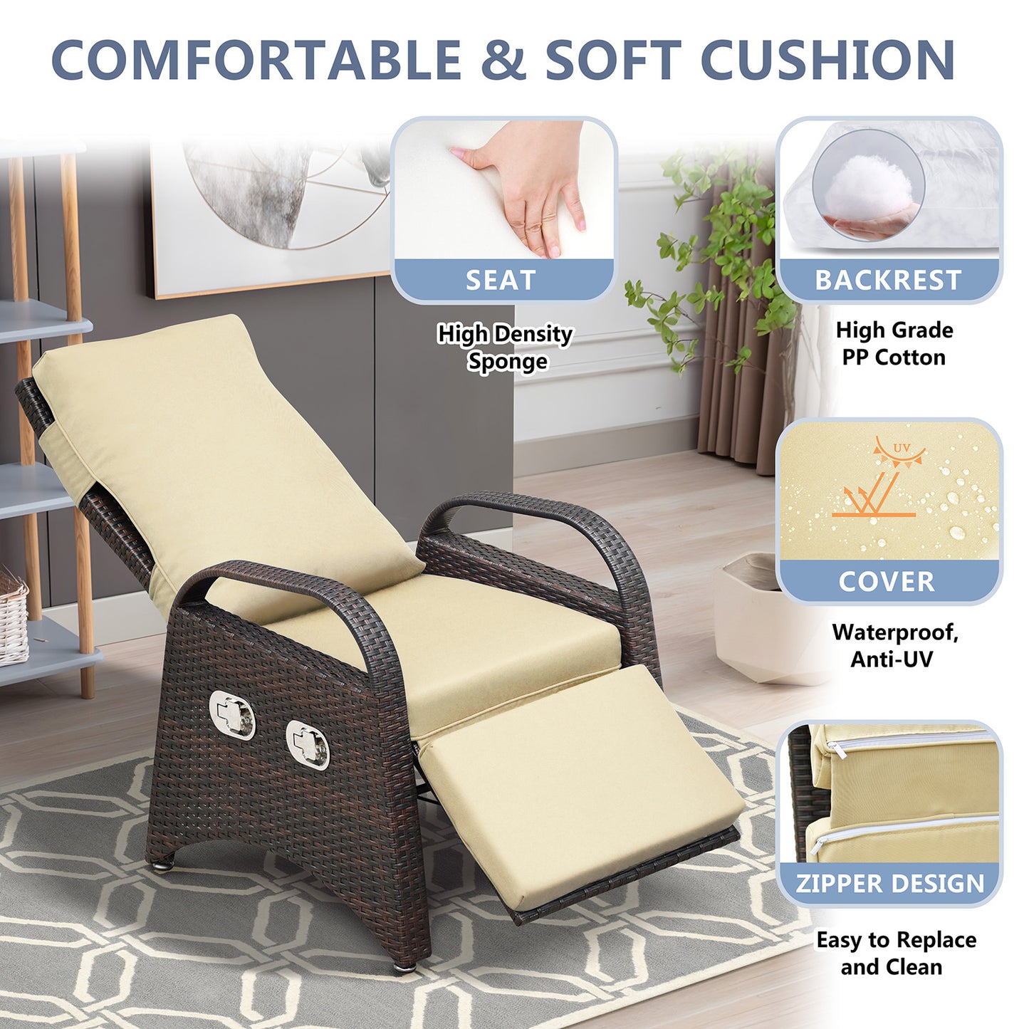 JP Outdoor Wicker Recliner Chair Cushion, Patio Rattan Lounge Recliner with Flip Table, Khaki
