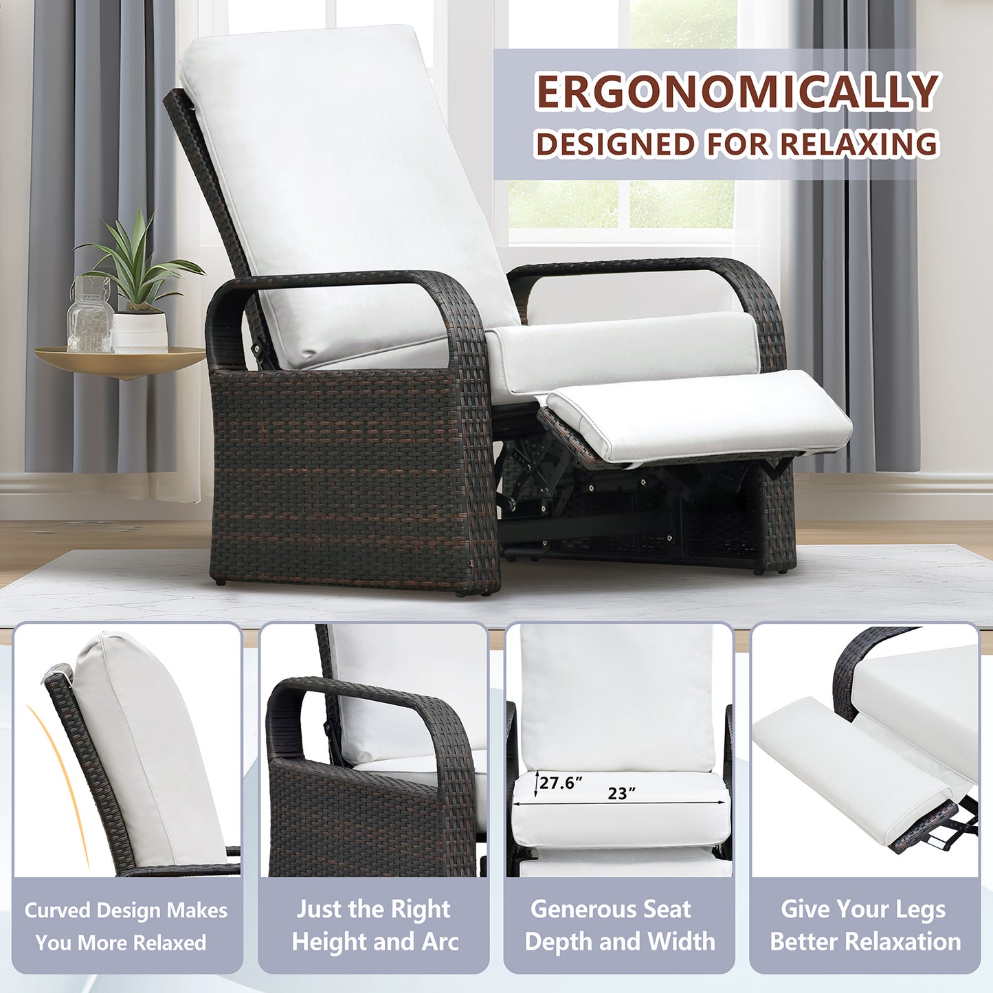 JP Outdoor All-Weather Outdoor Wicker Recliner Chair with Fade Resistant Cushion, Rust-Resistant Aluminum Frame,White