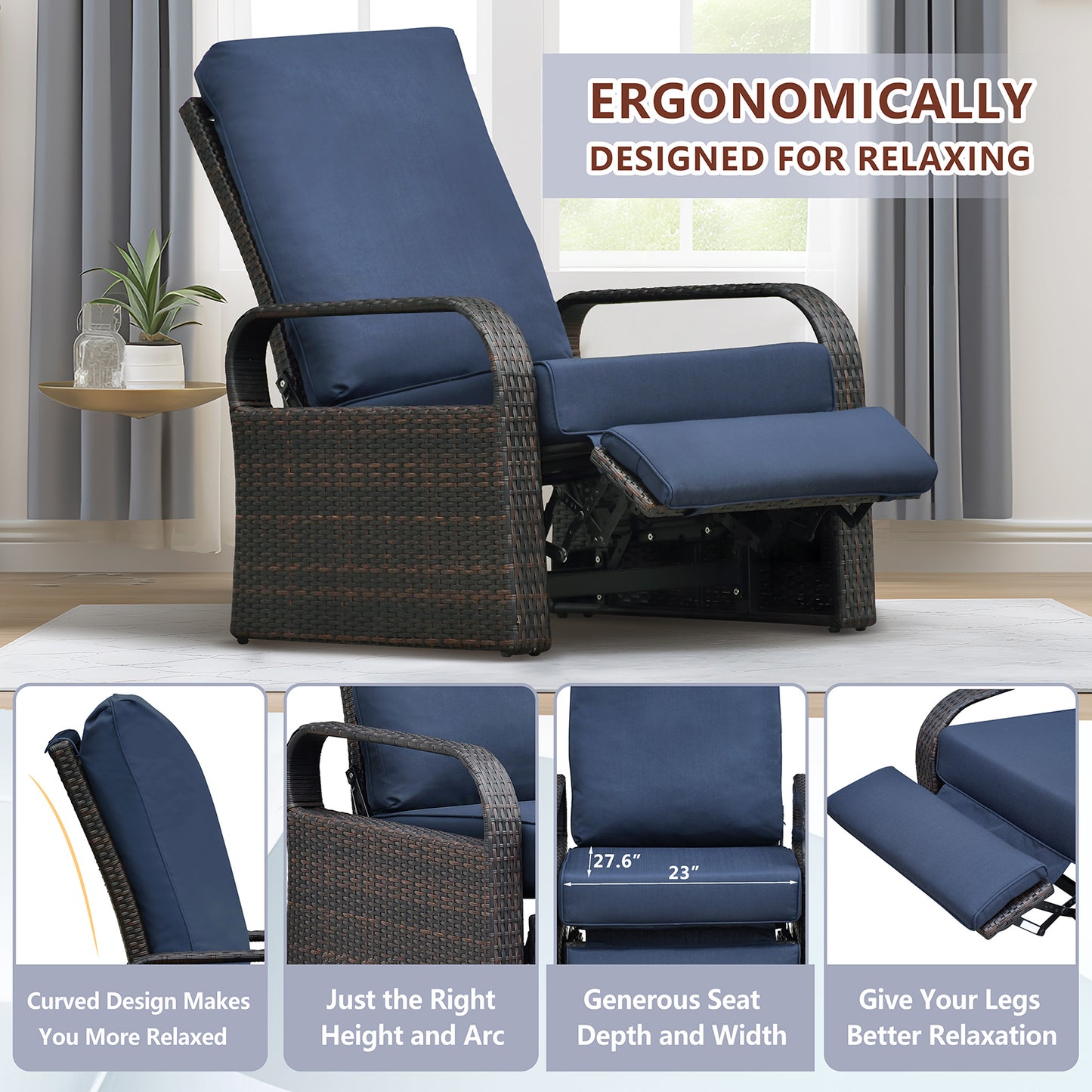 JP Outdoor Outdoor Wicker Recliner Chair, Patio Rattan Reclining Chair with Aluminum Frame, Navy Blue